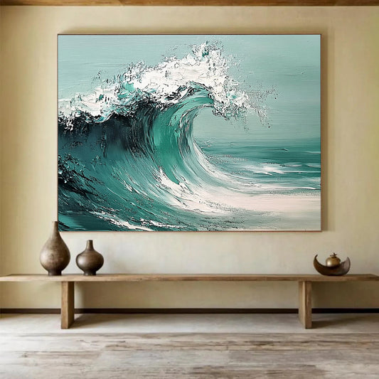 “Dynamic Teal Wave” - Teals, Whites, Greens, Ocean Wave - Palette Knife Oil Painting HB1580
