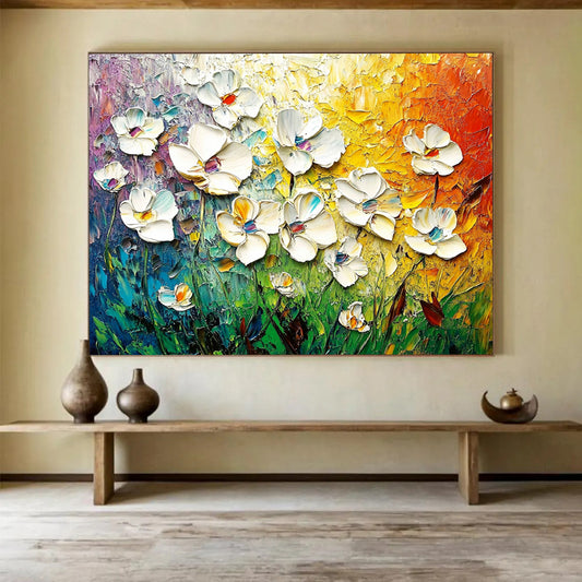 “Vibrant 3D Floral Burst” - White, Colorful, Textured Flowers Painting On Canvas HB0727