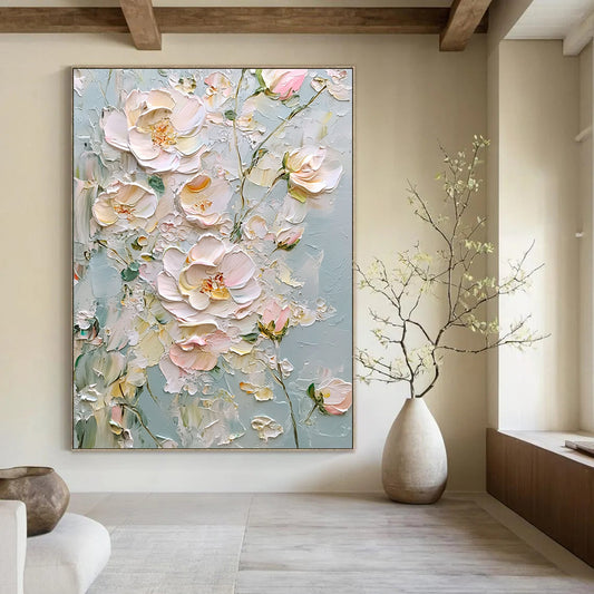 Contemporary hand-painted abstract art featuring light pink and white flowers on a gray background with thick impasto texture and a dreamy atmosphere. DLZ1669