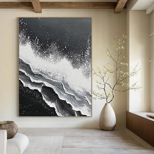 Contemporary hand-painted abstract art featuring intricate textures of ocean waves crashing in striking black and white tones. DLZ1139