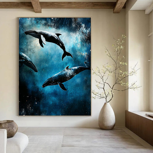 Abstract artwork showcasing ocean whales in cosmic space, featuring intricate underwater scenes, capturing a dark gritty aesthetic in digital painting style. DLZ1251