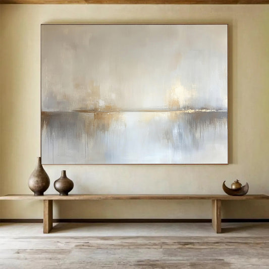 “Dreamy Horizon Reflection” - Pale beige, soft gray, white, Abstract Landscape Painting On Canvas HB0613