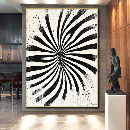Black and White Radial Stripes "Optical Burst" Painting On Canvas HB283