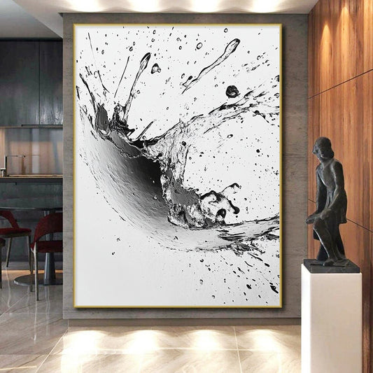 Black, White, Splashing Ink Drop "Ink Drop Explosion" Abstract Expressionist Painting On Canvas HB138
