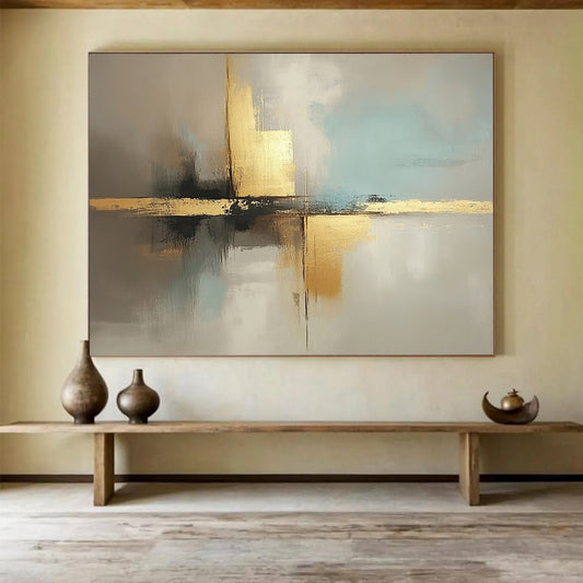 “Neutral Tones with Gold Cross” - Beige, light blue, gray, gold; Abstract cross with gold in neutral tones; Acrylic Painting On Canvas HB1248