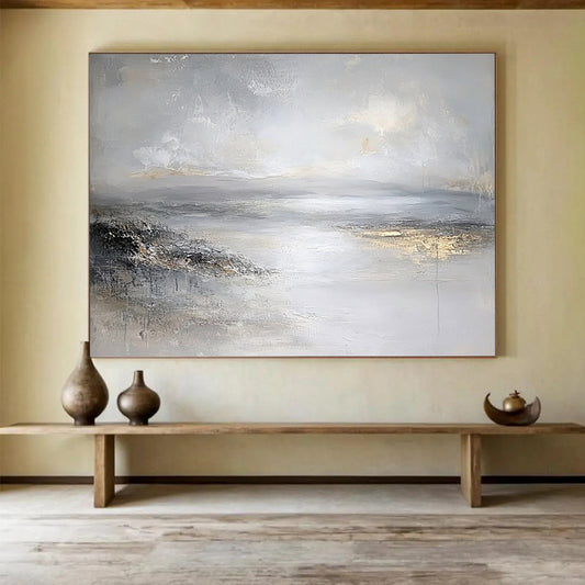 “Gray - Gold Abstract Waterscape” - Gray, Gold, Abstract Waterscape Painting On Canvas HB1111