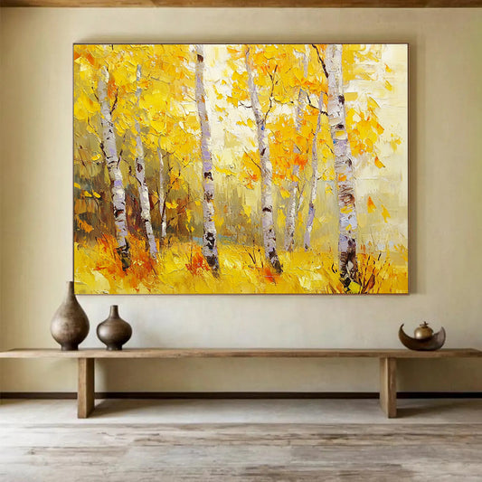 “Golden Autumn Birches” - Yellows, Oranges, Browns, White, Birch Trees - Impressionist Oil Painting HB1582