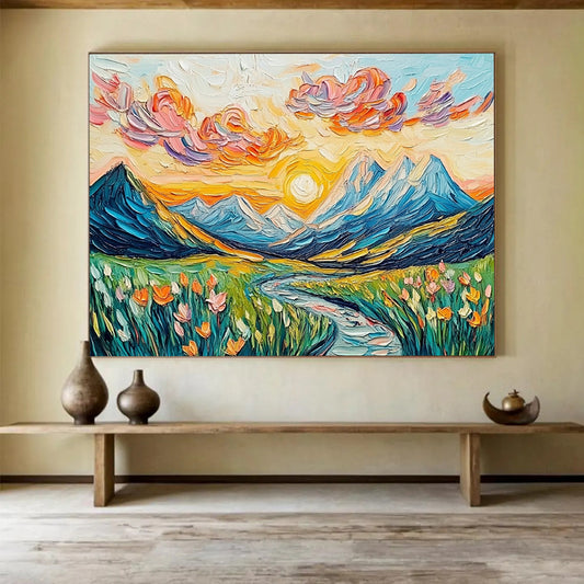 “Sunset Mountain Valley” - Colorful, Mountain, River, Flowers Painting On Canvas HB0746