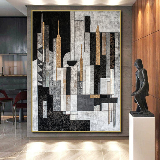 Black, Gray, Beige and Gold Abstract Cityscape "Urban Mosaic" Painting On Canvas HB317