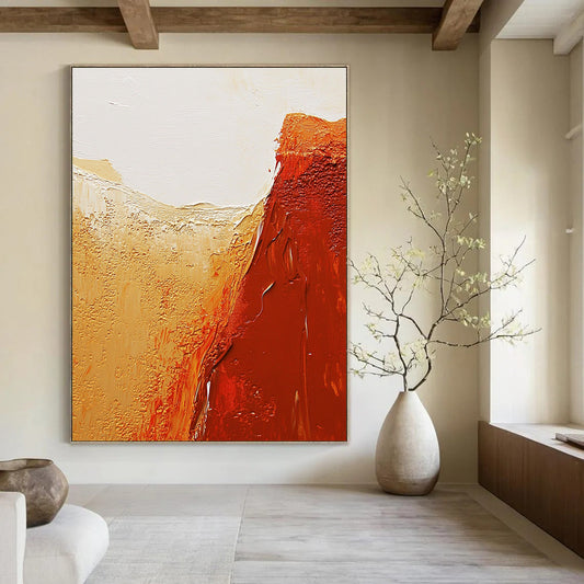 Contemporary abstract painting featuring textured red rock canyons and a serene white sky in warm orange and brown tones. DLZ1482