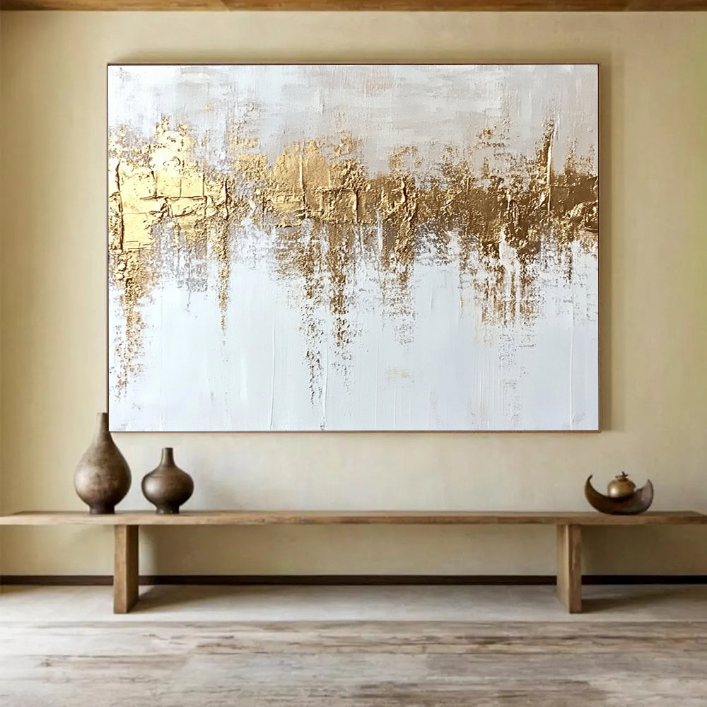 “Gold - Textured White Abstract” - White, Gold, Textured Abstract Layers Painting On Canvas HB0884