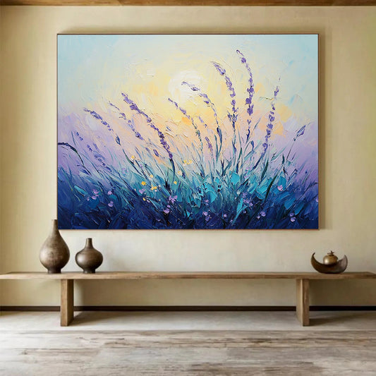 “Lavender at Dusk” - Purples, Blues, Yellows, Lavender Field - Textured Oil Painting HB1568