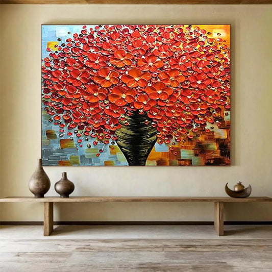 Textured Red Flower Tree - Striking Living Room or Dining Room Decor DLZ226