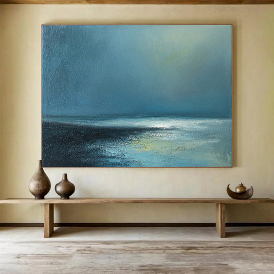 “Deep Blue Sea” - Dark Blue, Light Blue, Hints of Green, Calm Ocean and Sky Painting On Canvas HB0922