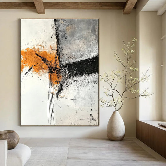 Contemporary abstract artwork featuring textured layers in gray and amber tones with rust orange highlights on a white canvas and expressive black ink lines. DLZ0274