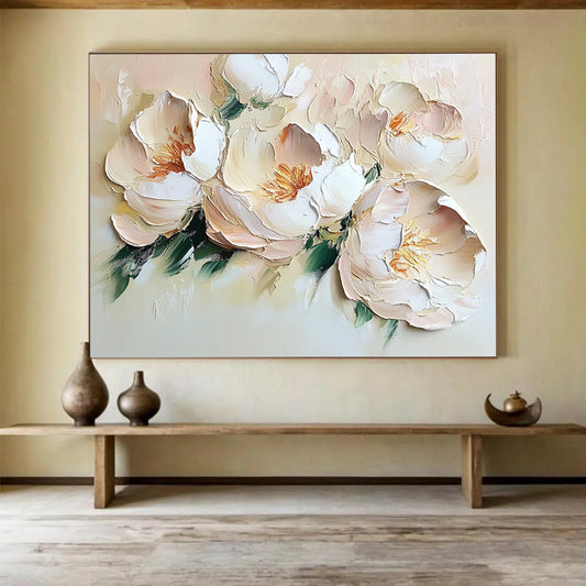 “Blush Peony Blooms” - Muted peaches, whites, greens; Thick - textured peony flowers; Impasto Floral Painting On Canvas HB1157