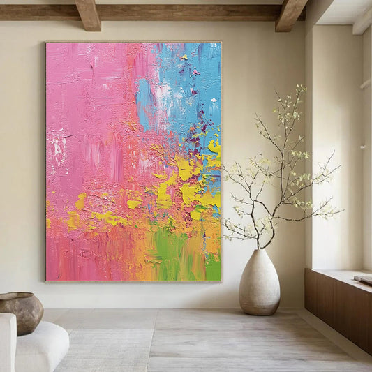 Contemporary hand-painted abstract artwork featuring pink lime green and blue highlights in a textured farmhouse scene that captures the essence of springtime. DLZ0783