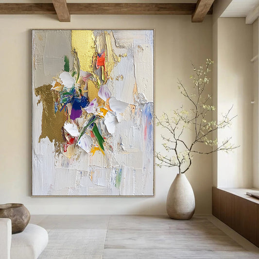 Contemporary abstract art featuring textured brushstrokes gold leaf accents floral motifs on a white backdrop with a collage-style composition. DLZ0635