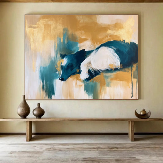 Gold, Teal, and White Dog Portrait - “Dreamy Pup” Painting On Canvas HB1454