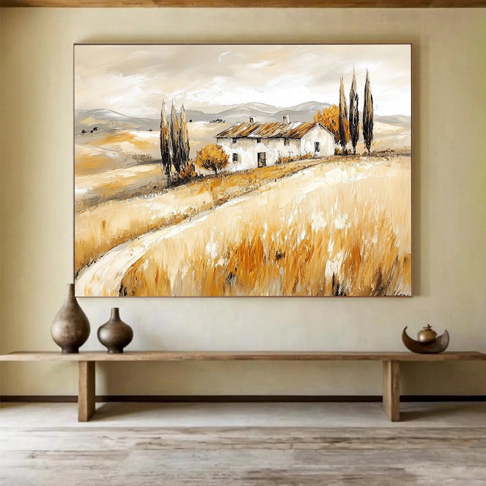 “Tuscan Farmhouse in Golden Fields” - Warm Beiges, Browns, Yellows, Farmhouse in Rolling Fields - Contemporary Oil Painting HB1694