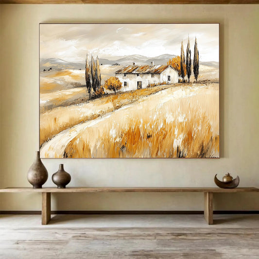 “Tuscan Farmhouse in Golden Fields” - Warm Beiges, Browns, Yellows, Farmhouse in Rolling Fields - Contemporary Oil Painting HB1694