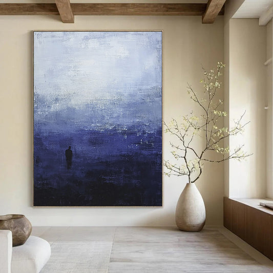 Contemporary hand-painted abstract art featuring atmospheric dark blue and grey sky tones with a solitary silhouette evoking tranquility and isolation. DLZ0513