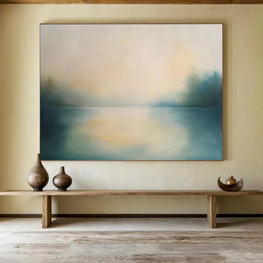 “Misty Lake Serenity” - Blue, Beige, Green, Misty Lake Landscape Painting On Canvas HB0993