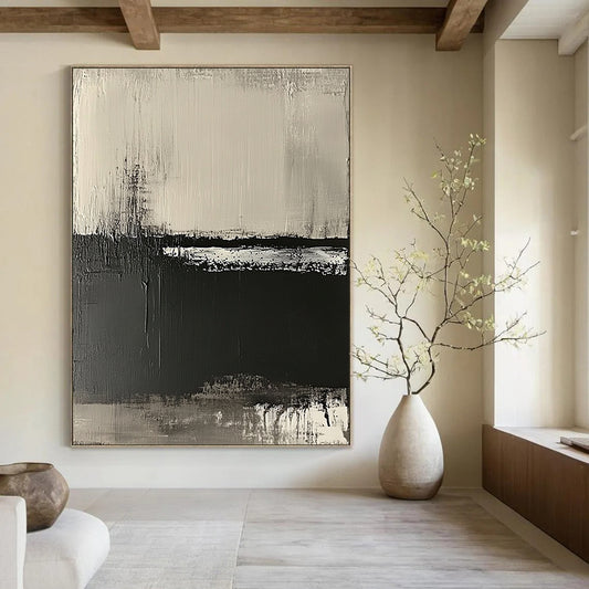 Contemporary hand-painted abstract artwork on textured canvas featuring neutral tones and a striking black-and-white horizon landscape. DLZ0679