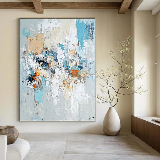 Contemporary hand-painted abstract art featuring chaotic figures with loose gestural lines pale aquamarine and rust tones on a light gray background. DLZ0980