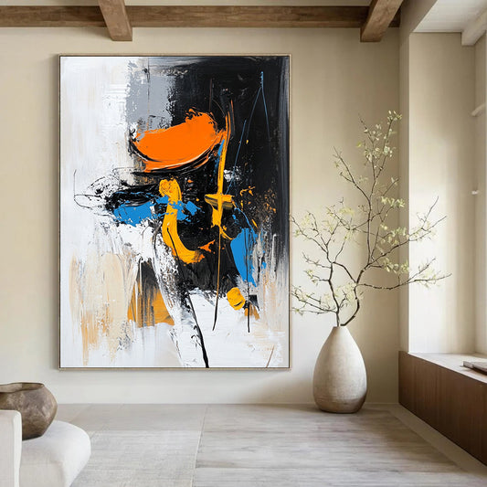 Contemporary abstract painting featuring a figure in motion with an orange hat and black boots set against dynamic brush strokes and vibrant colors. DLZ0868