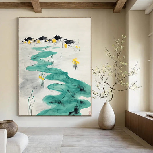Contemporary hand-painted abstract art features turquoise ripples leading to village houses with yellow figures at an oasis surrounded by serene water lilies. DLZ1565