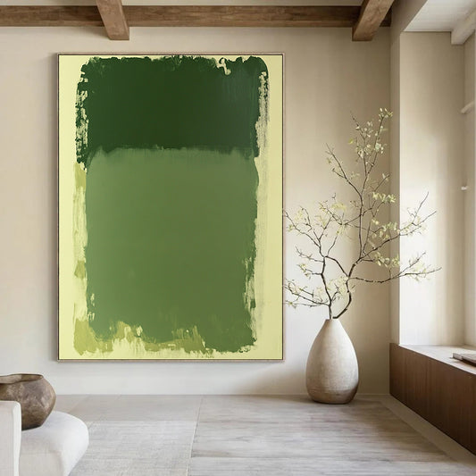 Contemporary abstract painting in green hues featuring a large rectangular shape on a serene white background. Perfect for modern aesthetics. DLZ1656