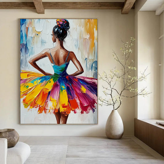 Vibrant contemporary abstract art featuring an African American ballerina in a colorful tutu with expressive brushstrokes on a textured white canvas. DLZ1118