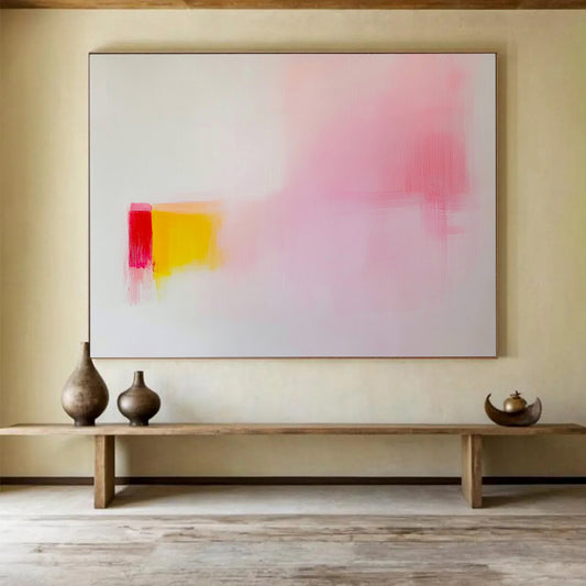 “Soft Color Block Abstraction” - Pink, yellow, red blocks, white background, Minimalist Color Field Painting On Canvas HB0605