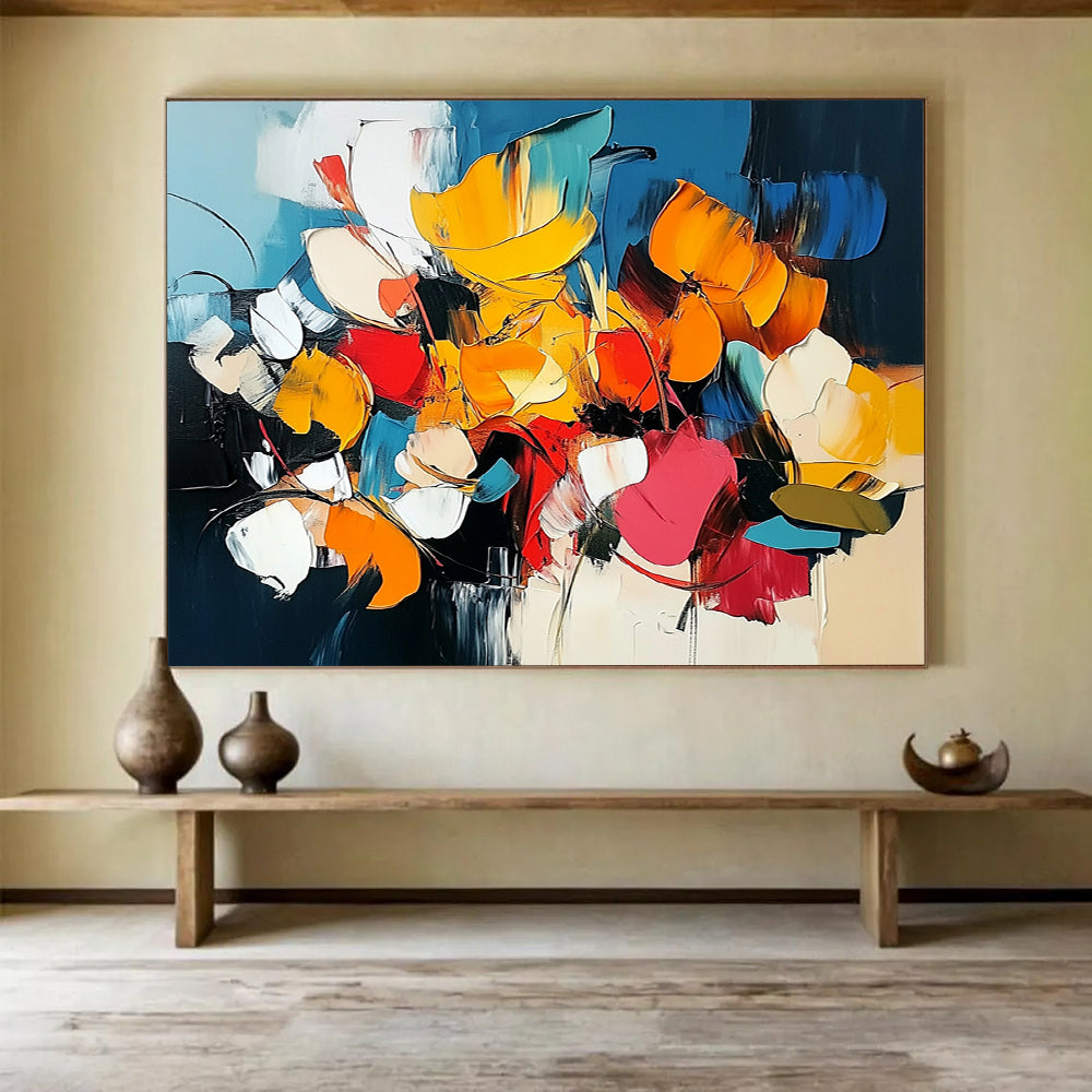 “Colorful Abstract Floral Blooms” - Yellow, orange, red, blue, white; Abstract floral composition HB1288