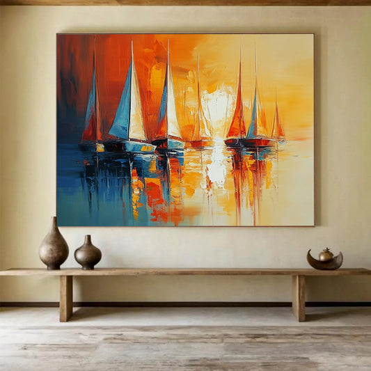 “Sunset Sails” - Orange, yellow, blue; Sailboats on calm water at sunset; Impasto Oil Painting On Canvas HB1166