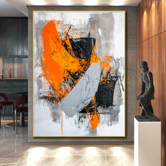 Black, Gray, Orange and White Bold Brushstrokes "Fiery Passion" Painting On Canvas HB329
