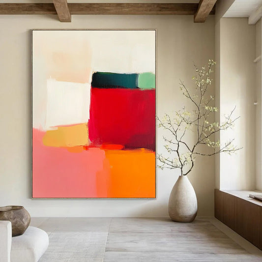 Contemporary hand-painted abstract artwork featuring vibrant reds pinks oranges yellows and whites creating a serene minimalist landscape with soft edges and subtle gradients. DLZ1361