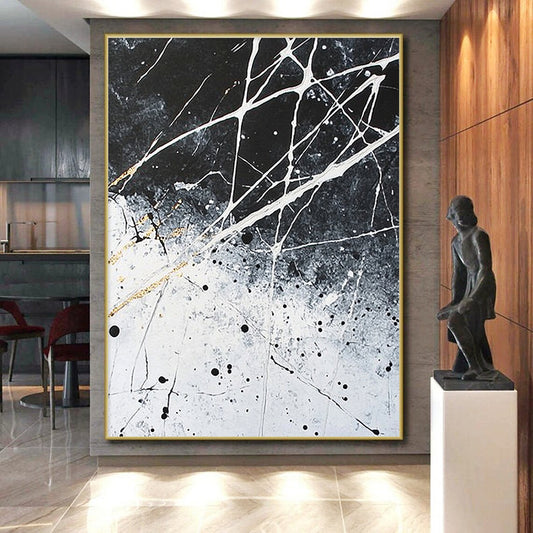 Black, White, Gray, Gold, Splattered Web "Golden Entanglement" Abstract Expressionist Painting On Canvas HB063