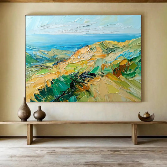 “Impasto Coastal Cliffs” - Green, Blue, Yellow, Textured Cliffs and Ocean View Painting On Canvas HB0925