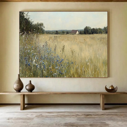 “Rustic Field with Cottage” - Serene field of gold with blue flowers and a distant cottage, Realist Landscape Painting On Canvas HB0544