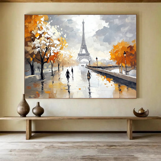 “Autumn in Paris” - Oranges, Grays, Whites, Eiffel Tower and Tree - Lined Path in Autumn - Impressionist Oil Painting HB1715