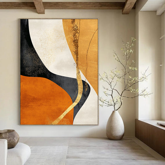 Contemporary hand-painted abstract art featuring gold and black shapes on an orange background with flowing lines and natural organic curves. DLZ0387