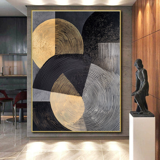 Gray, Black, Gold and Silver Geometric Abstraction "Elegant Geometry" Painting On Canvas HB385