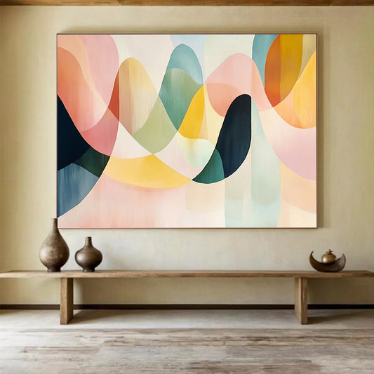 “Colorful Wavy Shapes” - Pastel pink, green, yellow, Abstract Geometric Painting HB0629