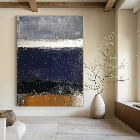 Contemporary hand-painted abstract art featuring a dark blue sea and grey sky with white and brown accents on a textured surface. DLZ0452