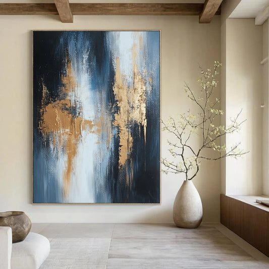 Contemporary hand-painted abstract artwork showcasing textured layers in shades of white black grey beige silver and gold. DLZ0330