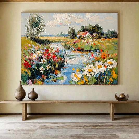 Charming Countryside Stream with Flowers - Idyllic Landscape Painting On Canvas HB0453
