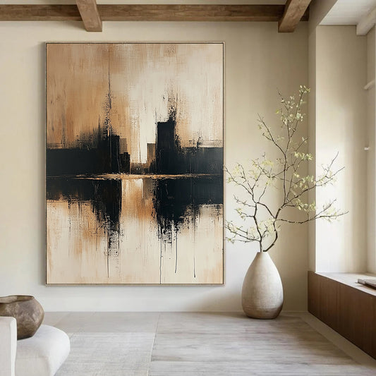 Contemporary abstract art showcasing an urban cityscape in beige and black tones on a textured canvas with a minimalist style and neutral palette. DLZ0465