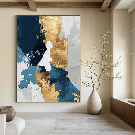 Contemporary hand-painted abstract artwork featuring gold blue and white tones with golden foil details in a minimalist modern style. DLZ0269